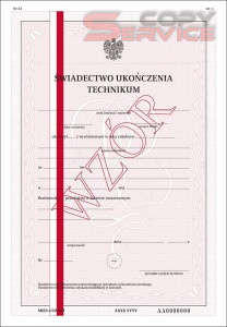 MEiN-I/22-w/2 - formularz świadectwa ukończenia dla uczniów technikum – z wyróżnieniem, świadectwo z zabezpieczeniami
